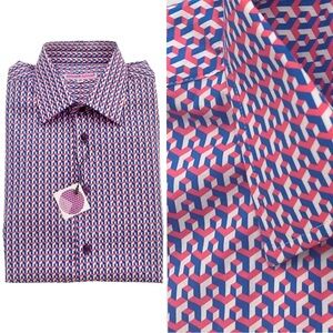 NWT COTON DOUX Paris Geo Print Button Front Shirt Cotton Poplin Pink Navy Blue